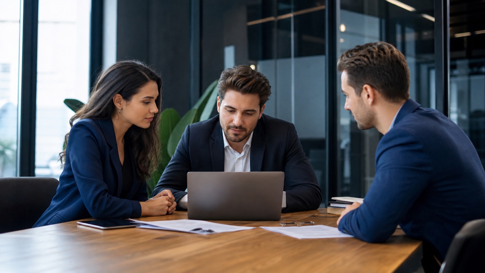 Professional team discussion in a premium dark-toned office