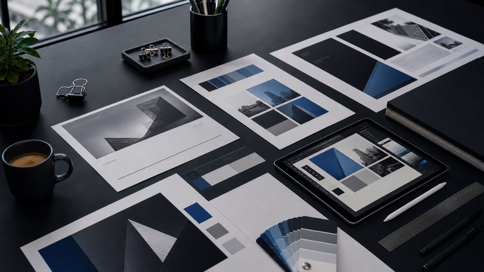 Graphic design production desk with layout comps and colour direction