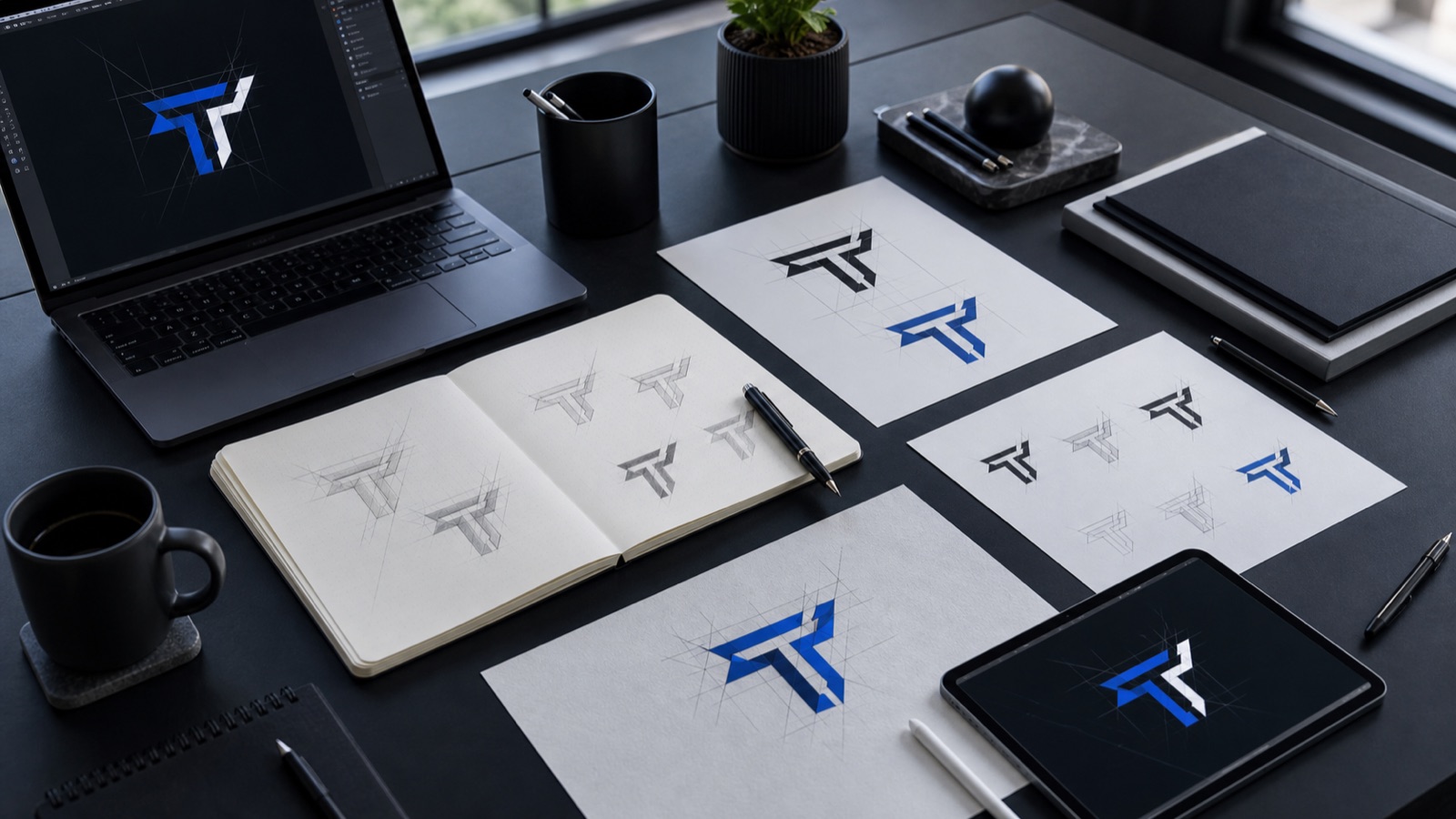 Logo design process with sketch sheets and digital refinement